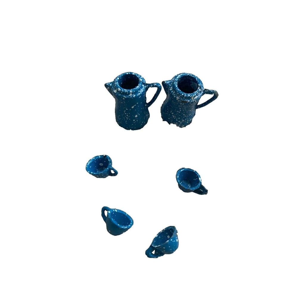 Blue Enamel Miniature Pitcher‎ & Cup Set  DOLLHOUSE Kitchen Decor  Vintage Look